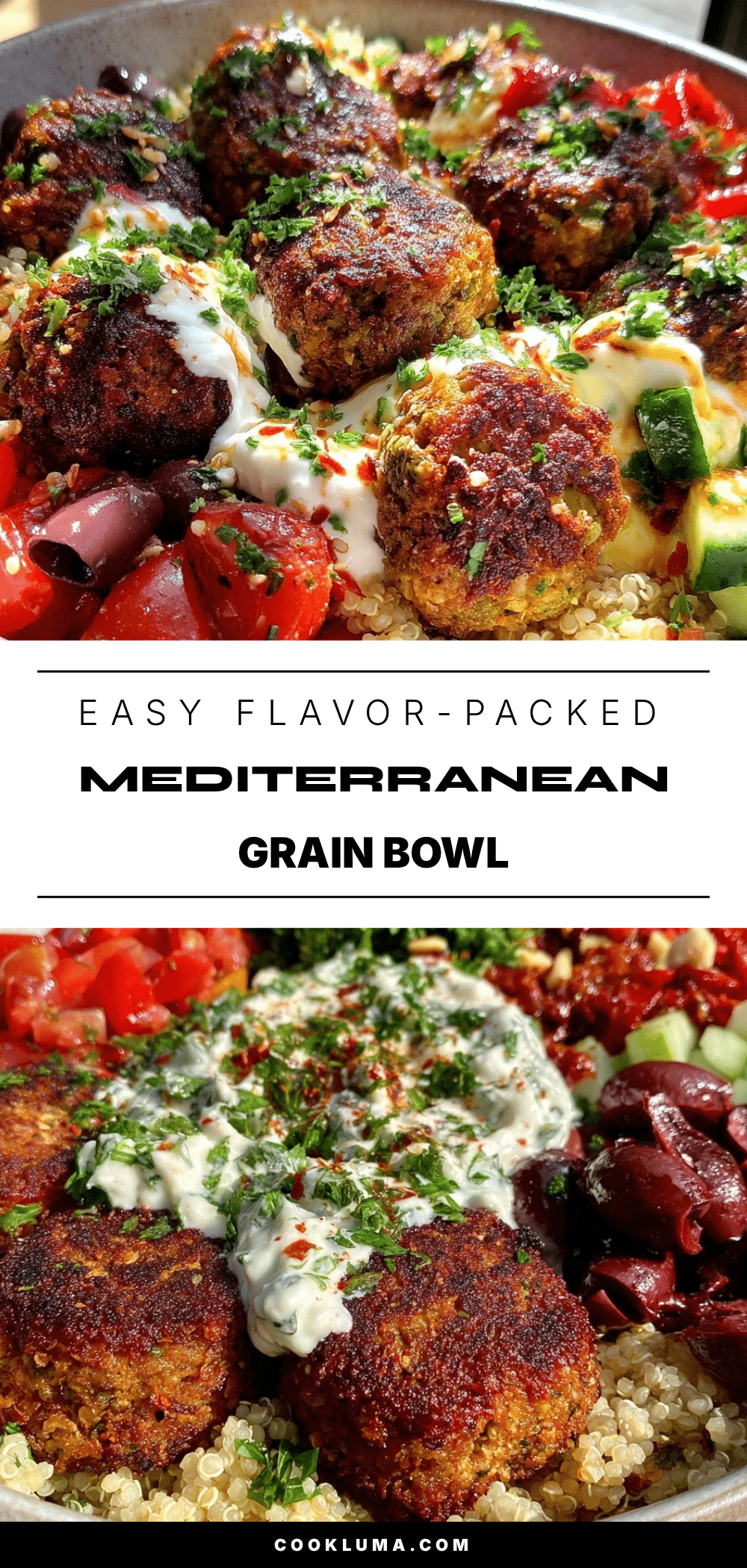 Mediterranean grain bowl with crispy falafel recipe