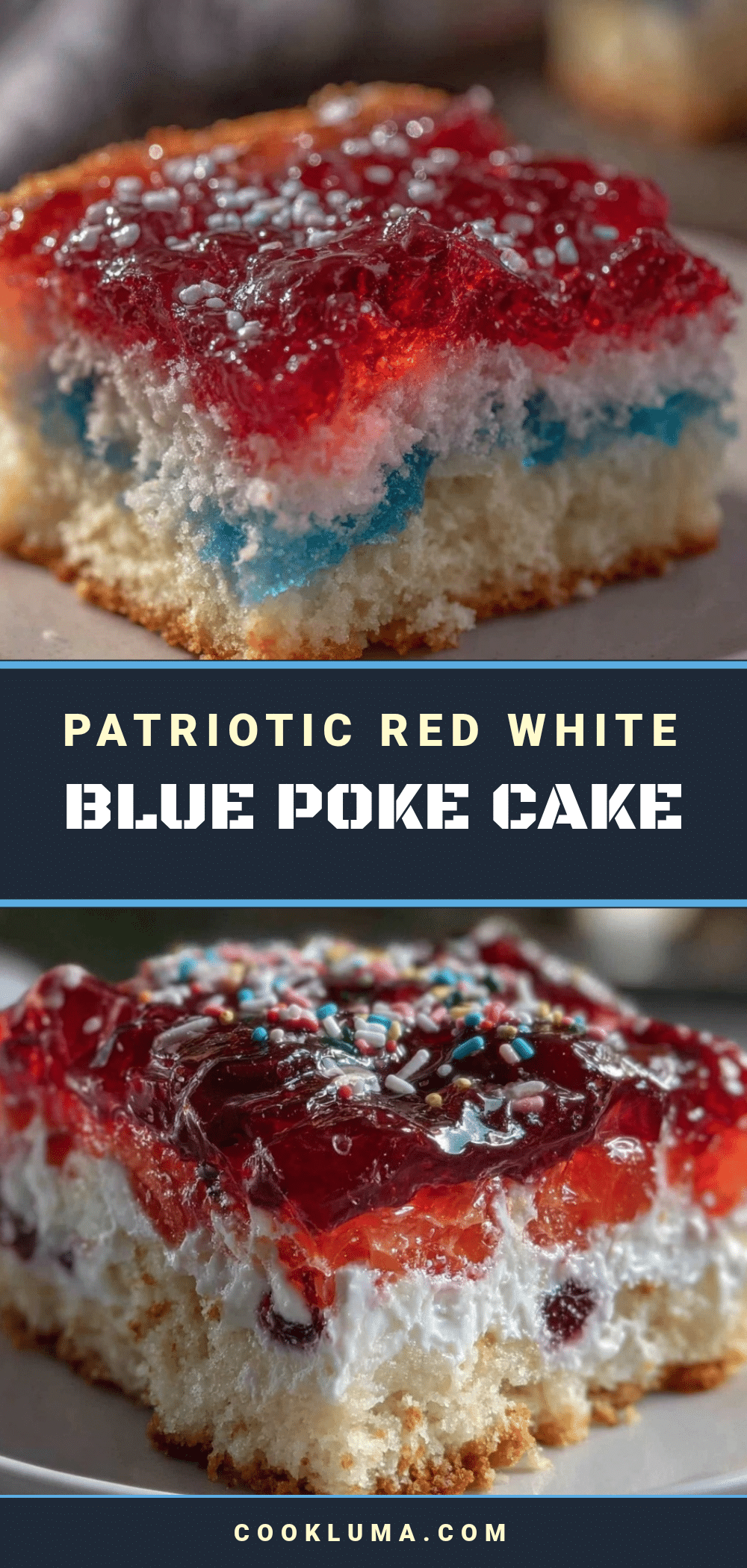 red white and blue layered Jell-O poke cake recipe