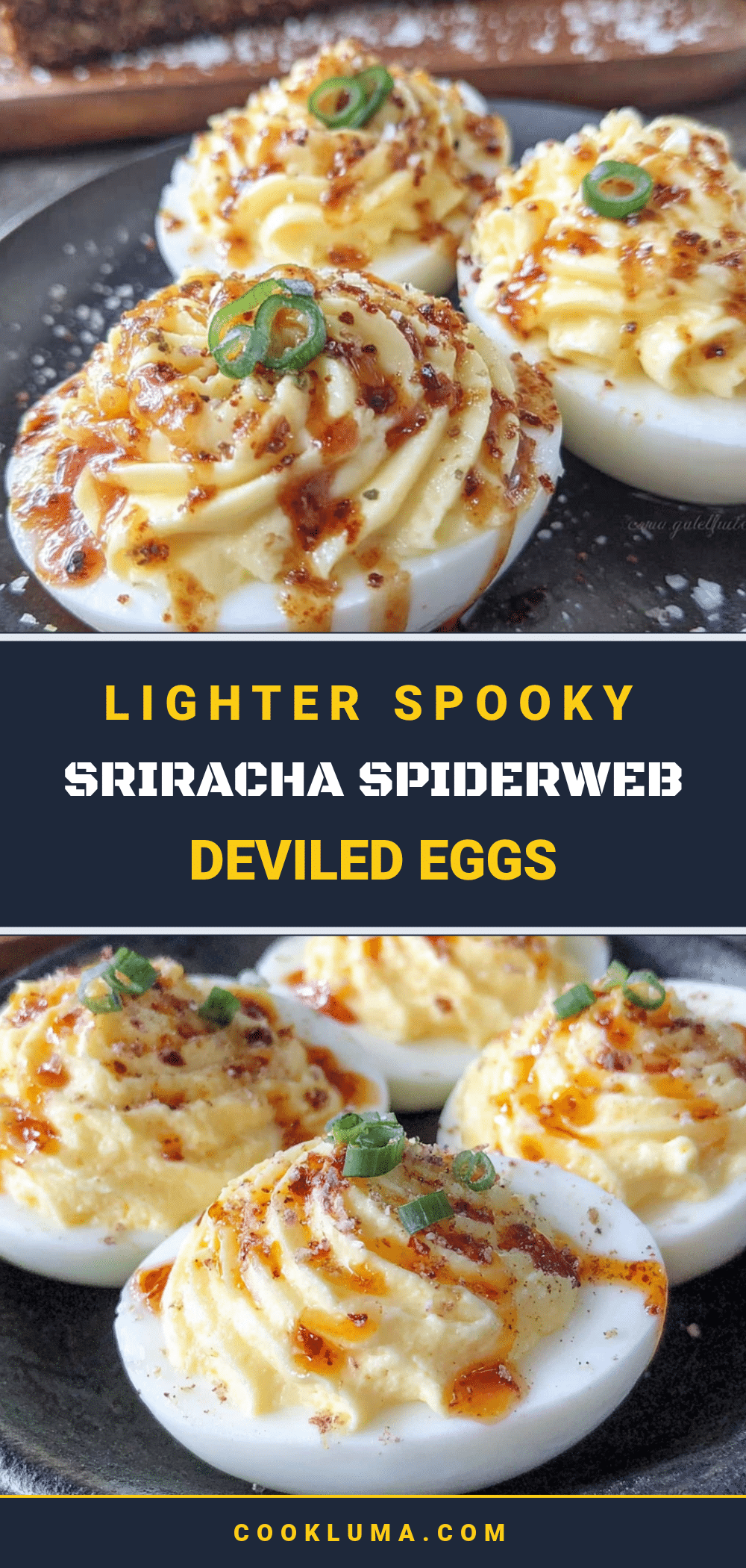 Lighter Spooky Sriracha Spiderweb Deviled Eggs recipe