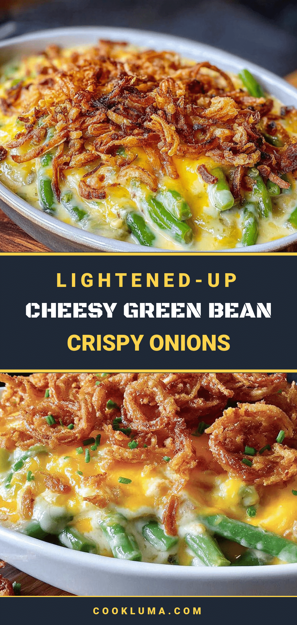 lightened-up cheesy green bean casserole with crispy onions recipe